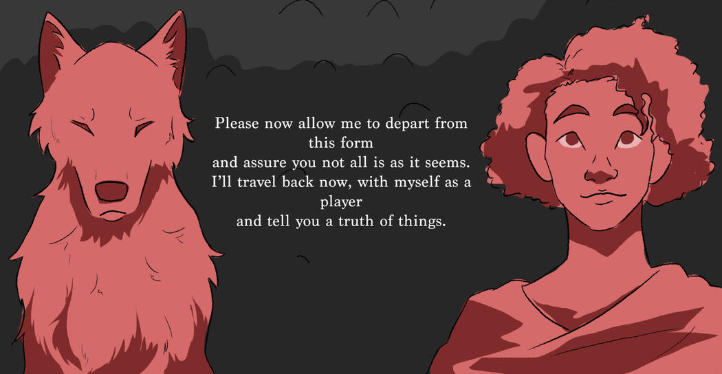 an screenshot from Transformations, showing a wolf and a person in red on a grey background, framing the poetry